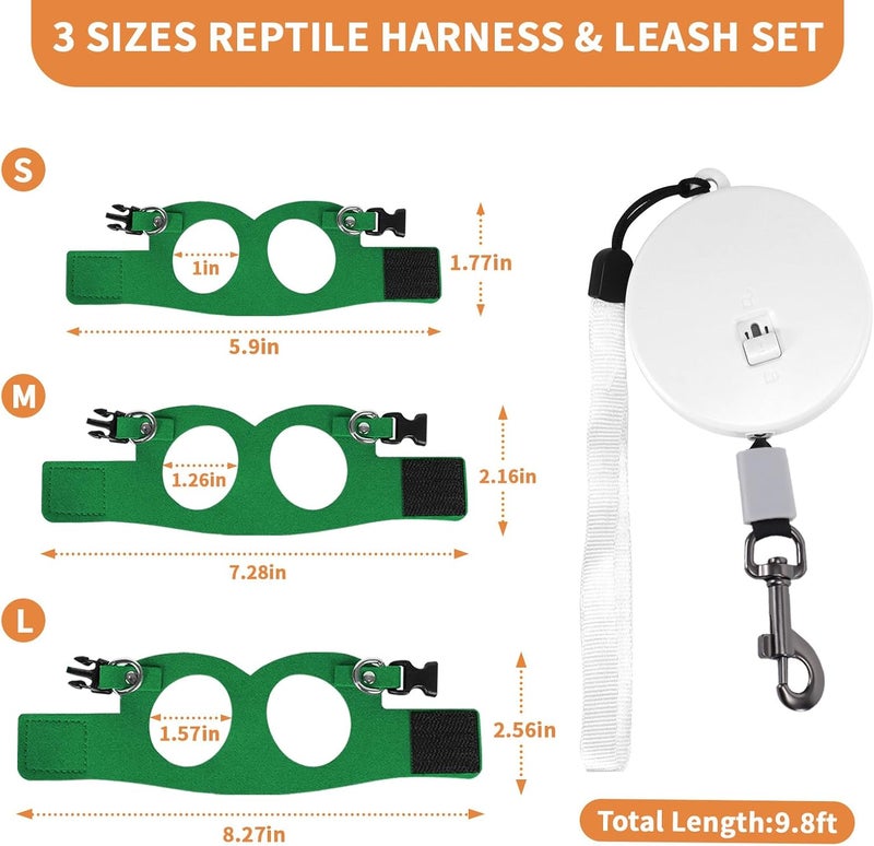 VOXGET 3 Pack Bearded Dragon Leash and Harness Set, Retractable 9.8FT Leash with 3 Sizes Adjustable Soft Harness for Reptile Small Animals Walking, Cute Lizard Vest Clothes for Reptile Lovers -Green - Image 3